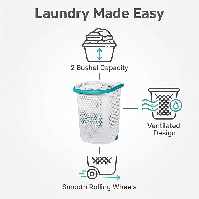 70.52 Liter Rolling Laundry Basket, Heavt-Duty Plastic Wheeled Design Clothes Laundry Hamper with Pop-Up Wide Handle, Large Capacity for Families, Dormitories, Laundry Rooms, 15.47 "W x 20.11"D x 25"H