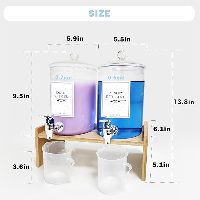 Glass Laundry Detergent Dispenser 2 Pack Soap Cloth Softener Dispenser with Bamboo Stand Measuring Cup Spigots Label Laundry Room Bathroom Countertop Glass Dispenser Set for Fabric Care Large Capacity