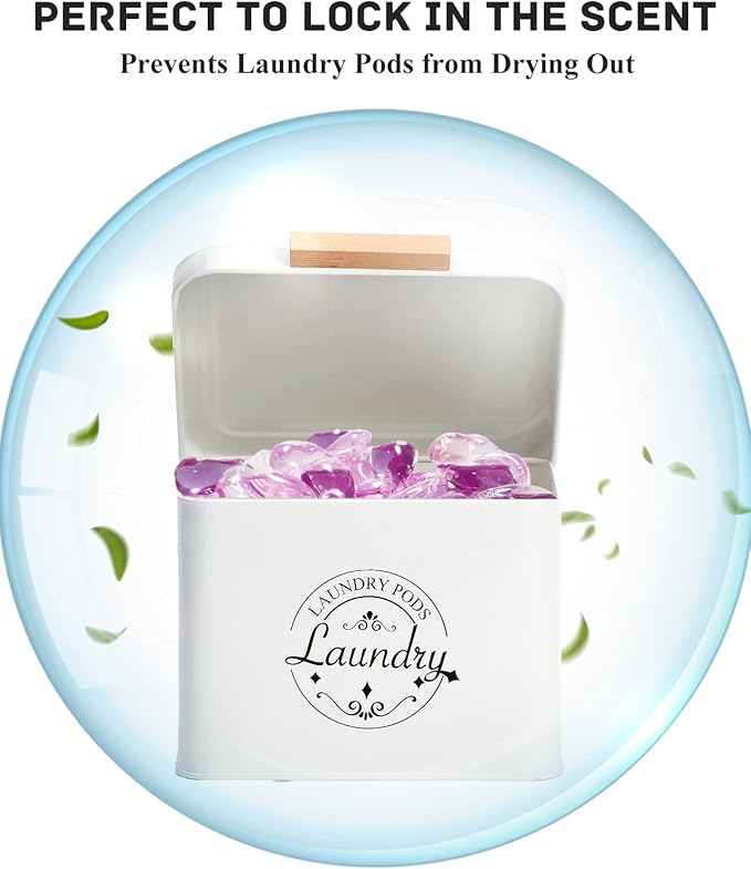 Laundry Pods Holder with Hinged Lid, Farmhouse Space-Saving Metal Container for Laundry Room Decor Organization and Storage, Detergent Dispenser for Efficient Laundry Room Use(Cream)