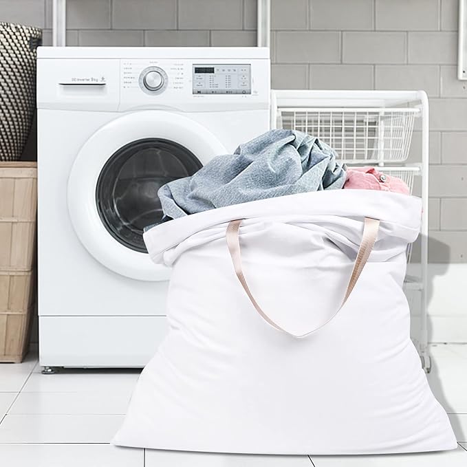 Sanlykate Large Canvas Cotton Laundry Bag with Drawstring & Handles, Heavy Duty Durable Dirty Clothes Organizer, Tear Resistant Hamper Liner Storage Bag, Travel Sack, 25.5 x 34inch - White