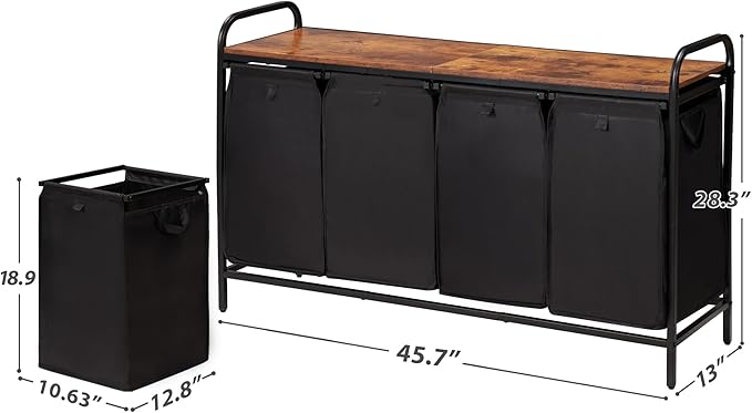 4 Section Laundry Hamper with Shelf, Laundry Basket Organizer with 4 Pull-Out Removable Bags 4×11.5Gal(43.4L), Laundry Sorter for Clothes Organization in Bedroom, Laundry Room, Brown