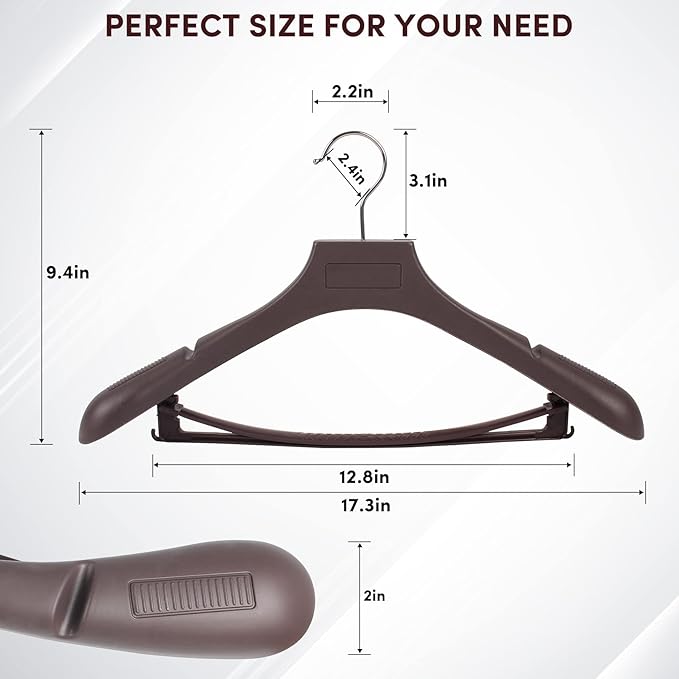 DEDU Suit Hangers for Men 40 Pack, Brown Coat Hangers Extra Wide Non Slip Width 17.7", Thick Plastic with Pants Bar & Metal Hook