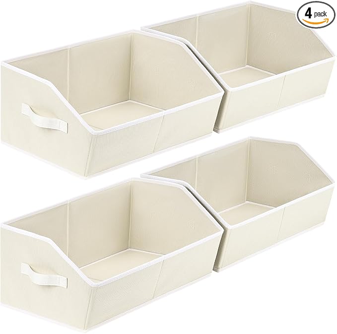 Cube Storage Organizer - Large Bins with Handle, Trapezoid Organizing Baskets for Shelves, Decorative Storage Baskets for Clothes, Blankets, Books, 4 Pack, Beige