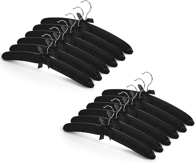 Jetec 12 Pieces Satin Padded Hangers for Women Clothing 15 Inch Satin Hangers 360° Swiveling Hook Sponge Shoulder Padded Hanger for Sweaters, Coat, Blouse, Wedding Dress, Women Cloths (Black)