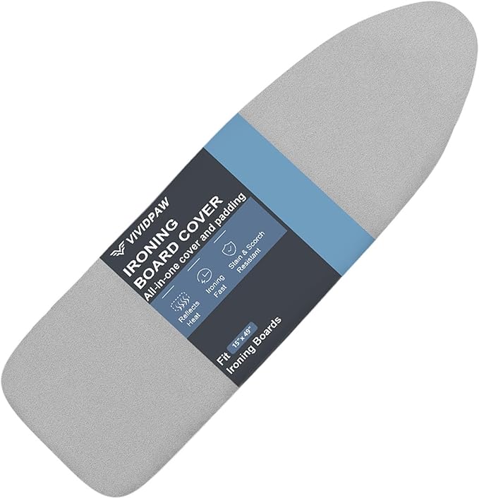 Ironing Board Cover and Pad, 15x49, Thick Padding, Elastic Edge, Silicone Coated, Resist Scorching, Adjustable Fastener, 15x48, Heavy Duty Padded Iron Board Covers Grey
