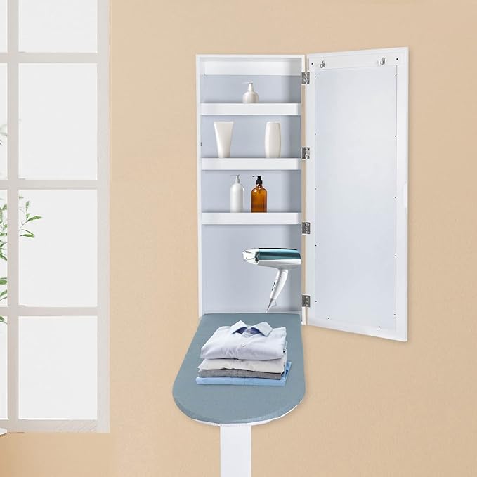 Wall Mounted Ironing Board Cabinet with Mirror, Built in Garment Ironing Surface Ironing Board with Foldable Storage Cabinet for Home Apartment Small Spaces (Style1)