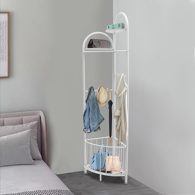 Corner Hall Tree, Corner Coat Rack with Storage Basket, Entryway Clothing Rack for Living Room Bathroom and Clothing Store, 6 Hooks and 2 Partitions, 90-Degree Corner Design (White)