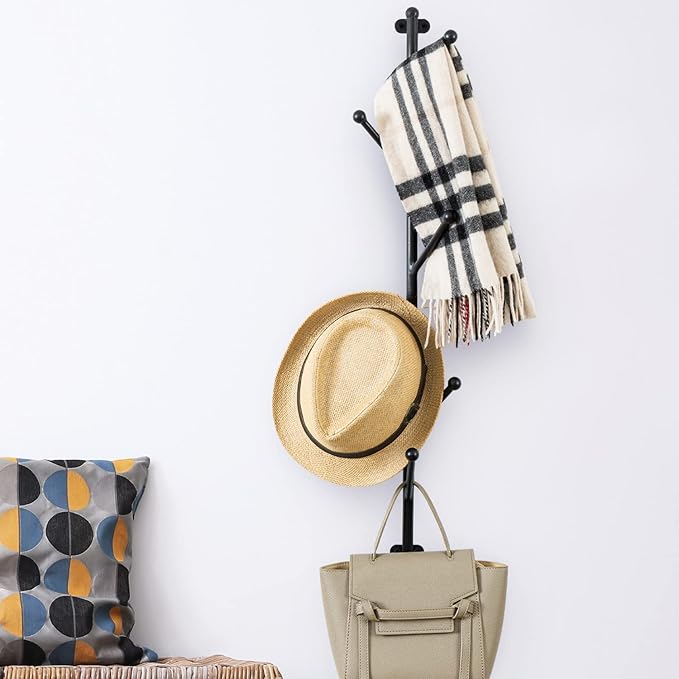 MyGift Wall Mounted Matte Black Metal 6-Hook Entryway Coat Hanger and Hat Tree Rack