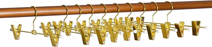 Amber Home 20 Pack Shiny Gold 12 Inch Metal Pants Skirts Hanger, Sturdy for Slacks Trousers with 2 Adjustable Non Slip Clips and Swivel Hook (20 Pack)