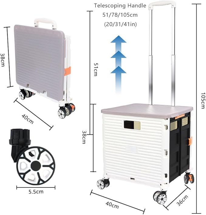 FELICON SELORSS Foldable Utility Cart Folding Portable Rolling Crate Handcart with Durable Heavy Duty Plastic Telescoping Handle Collapsible 4 Rotate Wheels for Travel Shop Move Luggage Office(White)