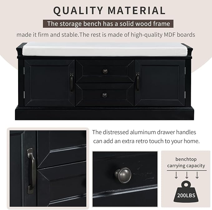 Knocbel 42.5" Entry Storage Bench with Removable Cushion, 2 Drawers and 2 Cabinets, Entryway Hallway Foyer Shoe Bench End of Bed Bench with Aluminum Handles, 200lbs Weight Capacity (Black)