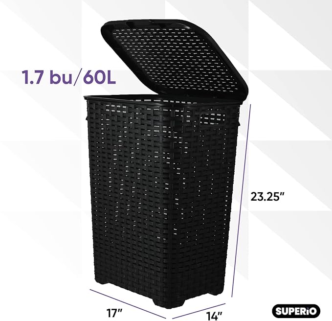 Plastic Laundry Hamper with Lid 3 Pack Laundry Hamper Basket, Black Tall Cloths Hamper Organizer with Cut-out Handles. Space Saving for Laundry Room Bedroom Bathroom, Wicker Design 60 Liter