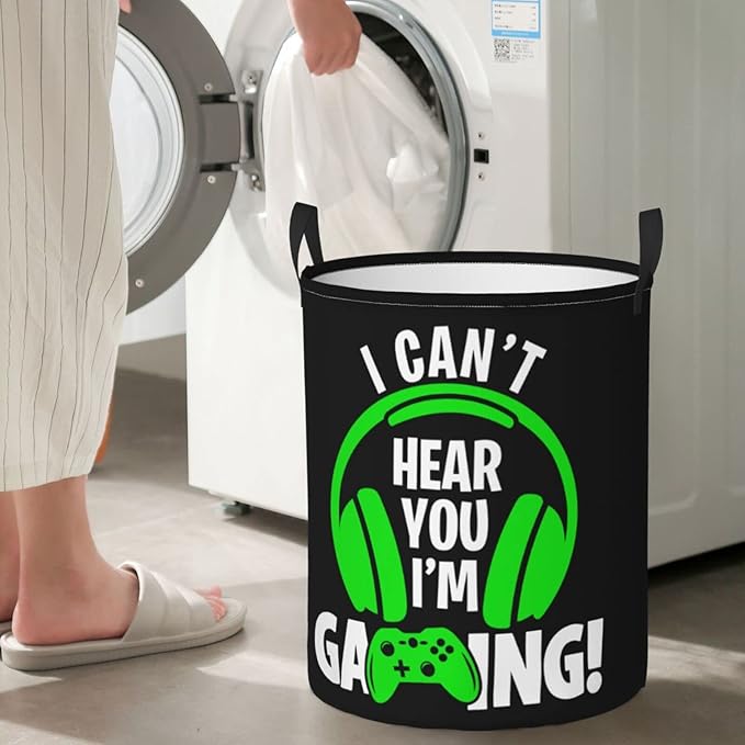 Headphones And Gamepad Round Laundry Hamper Storage Basket Toys Clothes Organizer Bin For Home Bathroom Bedroom Dorm Nursery, 62L