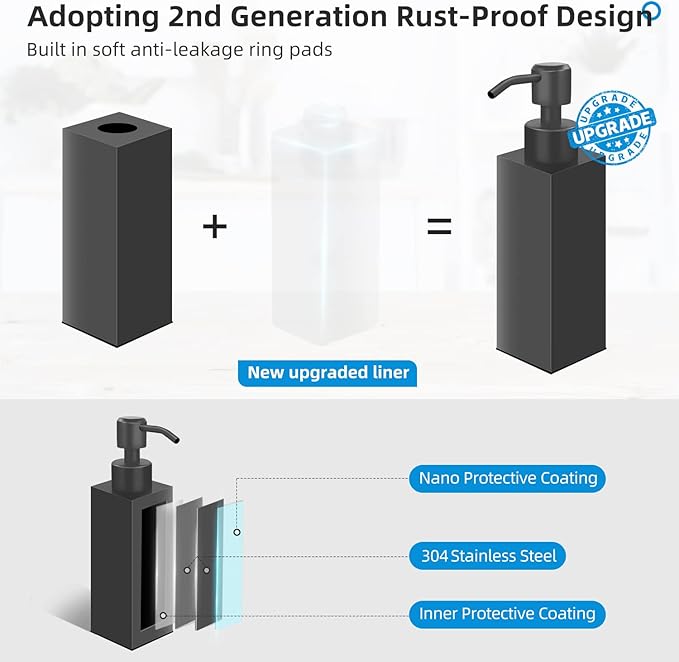 Black Soap Dispenser, Matte Black Stainless Steel, Rust-Proof Liquid Hand Dish Dispenser for Bathroom & Kitchen, 8.5 Oz Refillable Countertop Lotion Bottle (Square)