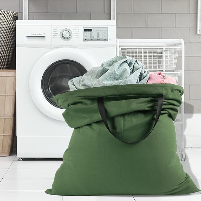 Sanlykate Large Canvas Cotton Laundry Bag with Drawstring & Handles, Heavy Duty Durable Dirty Clothes Organizer, Tear Resistant Hamper Liner Storage Bag, Travel Sack, 25.5 x 34inch - Army Green