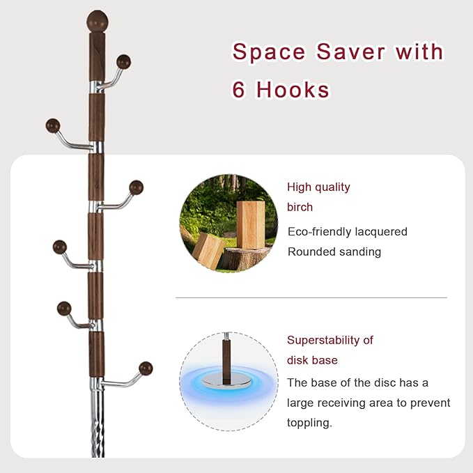 Solid Wood Coat Rack, Free Standing Hall Coat Tree with 6 Hooks, 3 Height Options, 180lbs Load, Stury Base, Clothes Rack for Entryway, Hallway, Bedroom (Disc Base - Walnuts Swivel Hook)
