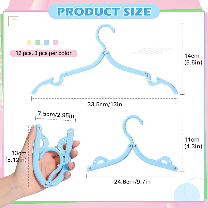 12 Pcs Travel Hangers Cruise Ship Essentials Foldable Portable Plastic Vacation Hangers Non Slip Clothes Drying Rack Travel Accessories for Hotel Dormitory School Laundry(Macaron Color)