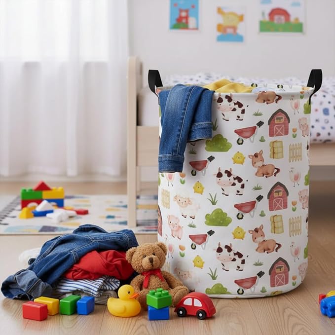 Baby Laundry Hamper kids laundry Basket Waterproof Storage Bin for Bedroom Toy Clothes Organizer Basket Woodland Animals Room Décor(Cute Farm)