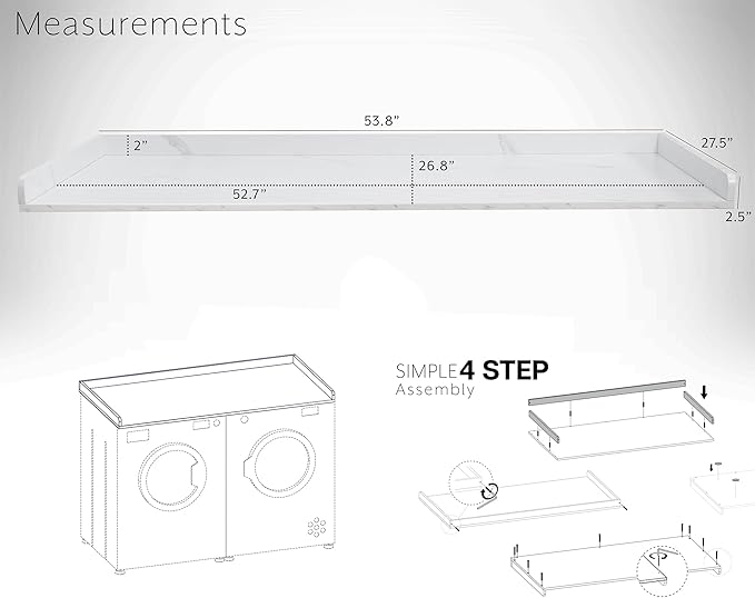 Life Finds 54 inch Washer Dryer Countertop with Safety Ledge for Laundry Room Organization, White Marble Pattern, LF-WDCT1WM