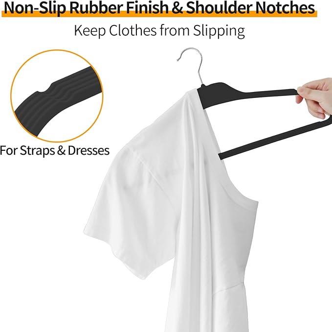 Non-Slip Rubber Coated Hangers, 30 Pack Plastic Clothes Hangers with 360° Swivel Hook 17.7 Inches Slim Space Saving Hangers for Adult Clothes Shirts Dresses Pants, Black