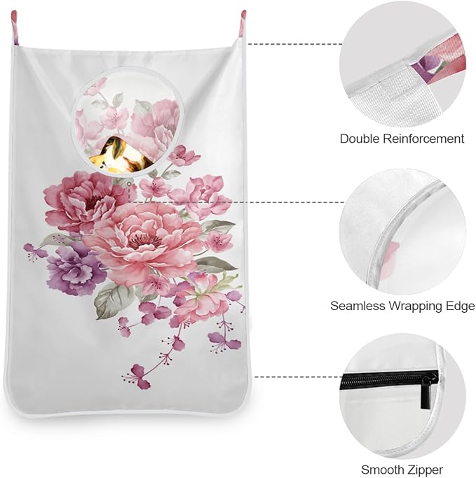 Hanging Laundry Hamper Floral with Stainless Steel Hooks,Oxford Fabric Printing Door Laundry Clothes Bag, 29.5X20inch 1PCS