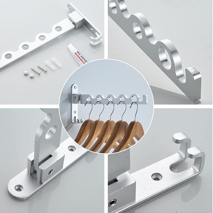Small Wall Clothes Rail, Aluminium Foldable Drying Rack Hook 90° Rotation Coat Hanger for Laundry Bathroom Balcony (1ps Silver Fixed Seat)