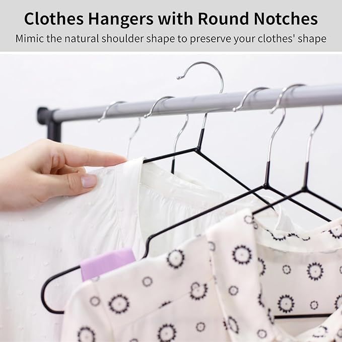 30 PCS Metal Hangers with Rubber Coating, Heavy Duty Non-Slip Clothes Hanger, Suit Hangers with Round Notches, Black Coat Hanger for Strap Dresses Jackets Shirts Pants