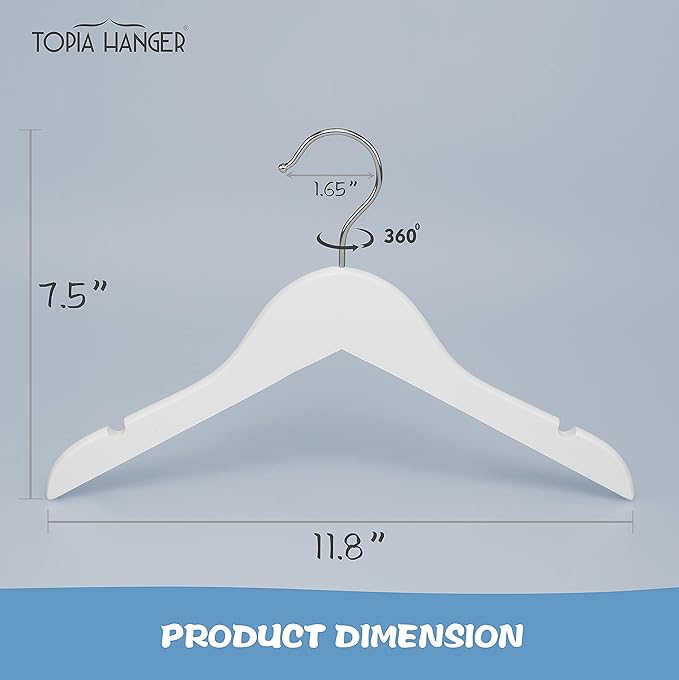 TOPIA HANGER Baby Clothes Hangers for Closet, White Children Kids Wooden Coat Hangers with 360° Stronger Swivel Hook and Extra Smoothly Cut Notches, 10 Pack-CT09W