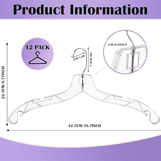 12 Pack Clear Plastic Hangers,Clear Hangers with 360 Swivel Metal Hook,Shirt Hanger Coat Hangers,Heavy Duty Hangers Dress Hangers for Clothes Shirts Dresses,16.7 Inch