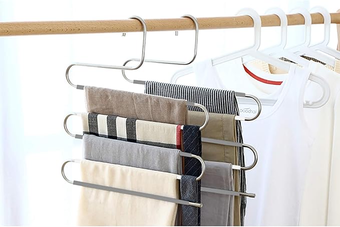 Devesanter Space Save Non-Slip 6 Pack S-Shape Trousers Hangers - Stainless Steel Clothes Hangers Closet Storage Organizer for Pants Jeans Scarf Hanging Grey and White