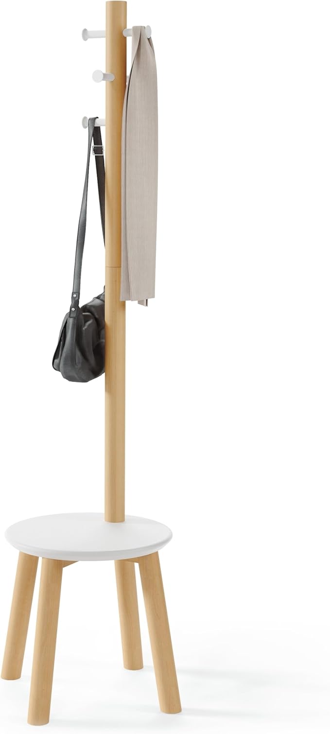 Umbra Pillar Coat Rack, Stool, Clothing Organizer, Umbrella Holder and Hat Organizer, Great for Entryway, White/Natural