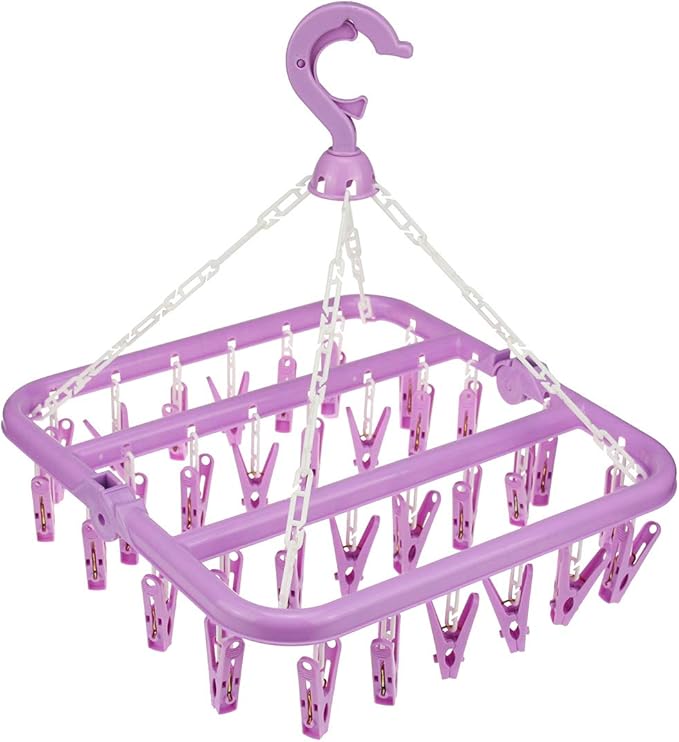 Laundry Hangers with 32 Clips,Clothespin Rack Foldable Laundry Drying Rack Drip Hanger for Drying Socks,Bras,Towel,Underwear,Hat,Scarf,Pants,Baby Clothes,Cloth Diapers,Gloves (Purple)