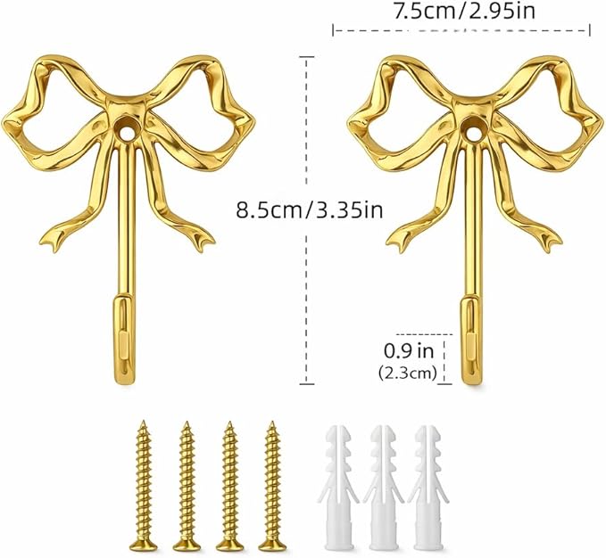 Decorative Bow Wall Hooks – Gold Metal Hooks for Keys, Jewelry, Holiday Stockings & Christmas Decor – Iron Alloy, Screw Mounted, 2 Pack