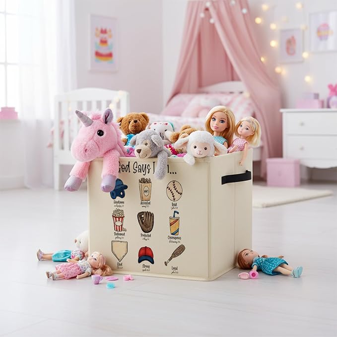 Christian Baseball Storage Bin Box with Handles, God Says I Am Bible Verse Baseball Foldable Baskets Organizer for Kids Room Nursery Bathroom Clothes Toys Books, Toybox for Boys