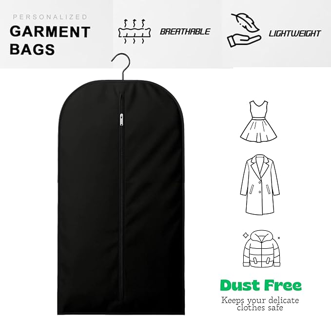 24 x 62 Inches Long Black Cotton Garment Bag | Front Zipper Cover garment bags | Dust Proof Closet Organizer, Easy Travel Storage Bag, Garment Protector for Dress and Suit