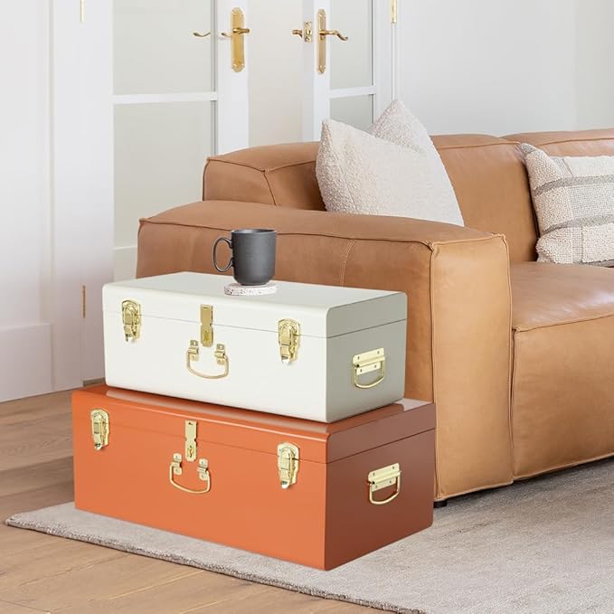 Vixdonos Decorative Large Metal Box Storage Trunk Chest Set of 2 College Dorm Organizer with Hardware Hasps and Handle for Home Deocr,23.7X14.2X9.5 Inches(Beige and Orange)