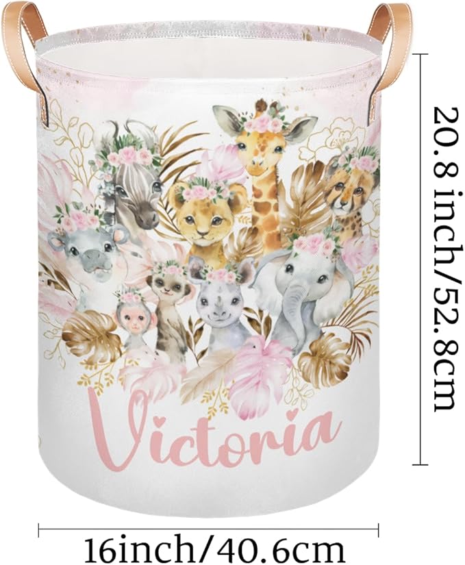Personalized Laundry Basket, Custom Gift Laundry Hamper, Collapsible Nursery Waterproof Laundry Baskets, Dirty Clothes Toy Hamper with Handles Gold Boho Safari Animals