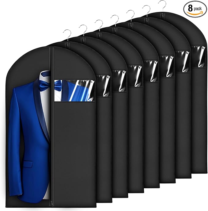 8 Pack Garment Bags for Hanging Clothes, 40 inch Washable Suit Bags for Closet Storage and Travel with Clear Window, Garment Bag for Travel and Storage, Black