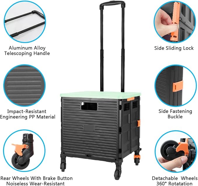 FELICON SELORSS Foldable Utility Cart Folding Portable Rolling Crate Handcart with Heavy Duty Telescoping Handle Collapsible 4 Rotate Wheels for Travel Shopping Move Luggage Office Use(Black+Green)