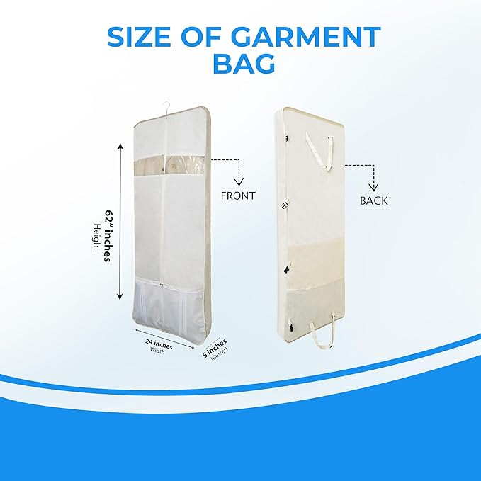 Beige Cotton Garment Protector Bag Cover - Dust Free Cloth Hanging, Wardrobe storage for Dresses and Suits (Clear Window (24" x 62"))