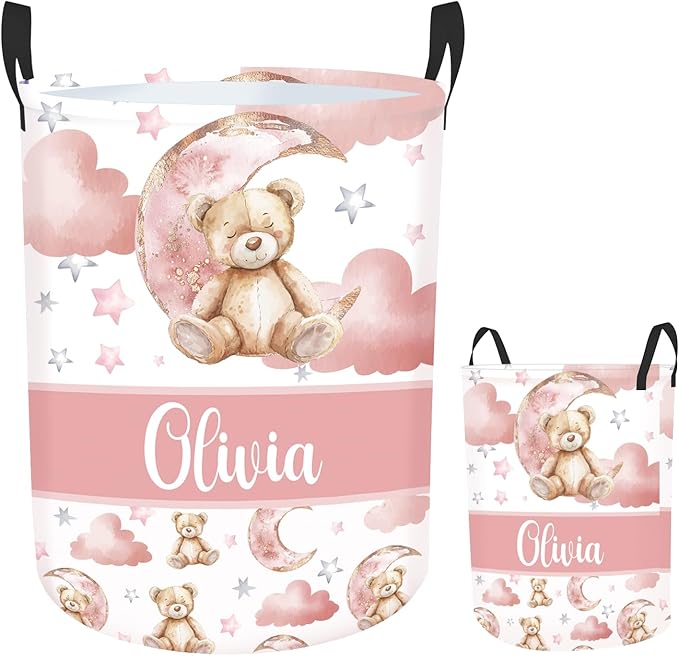 Personalized Name Baby Laundry Hamper for Nursery Boys Girl, Custom Bear Laundry Baskets for Toddler Kids Adults, Baby Name Laundry Hamper with Handles Personalized Gift