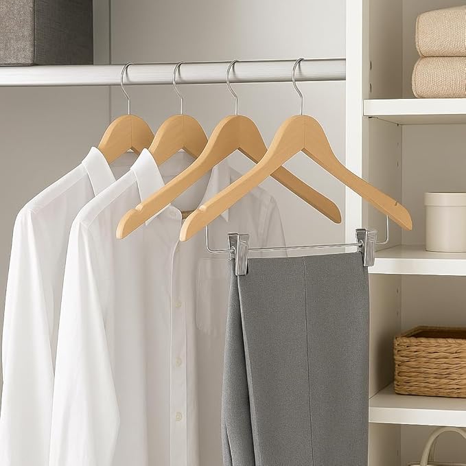 USTECH Durable Plastic Hangers 20 Pack | Slim Heavy Duty Wood-Like Design wth Adjustable Clips | Non Slip Hangers with Anti Rust Hook | Space Saving for Closet, Coat, Shirt, Suit, Pants, Heavy Duty