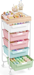 APEXCHASER Plastic Drawer Organizers with 5 Deep Drawers, Rolling Utility Cart with Wooden Top,Craft Storage Cart for Paperwork,Crafts,Snack,Kids’ Room,Nursery,Colorful