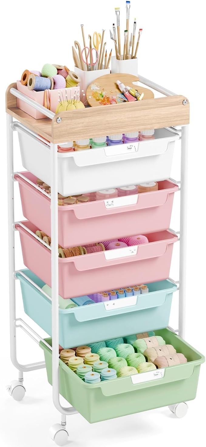 APEXCHASER Plastic Drawer Organizers with 5 Deep Drawers, Rolling Utility Cart with Wooden Top,Craft Storage Cart for Paperwork,Crafts,Snack,Kids’ Room,Nursery,Colorful