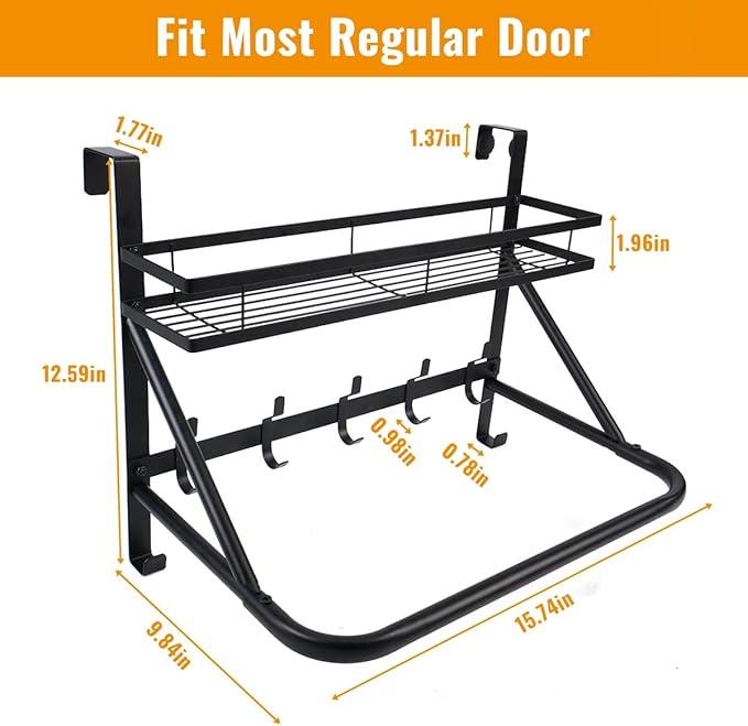 Over The Door Clothes Hanger, Metal Over The Door Hangers for Clothes with 7 Hooks1 Storage Basket For Clothing Hanger Drying Racks for Laundry, Bedroom, Washroom wait（black）