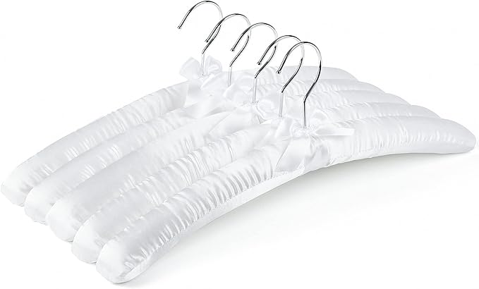 Amber Home 5 Pack 17 Inch Large White Satin Padded Hangers for Women Clothing, Anti Slip Cushioned for Sweaters, Silk Fancy Dress for Wedding, Delicate Cashmere