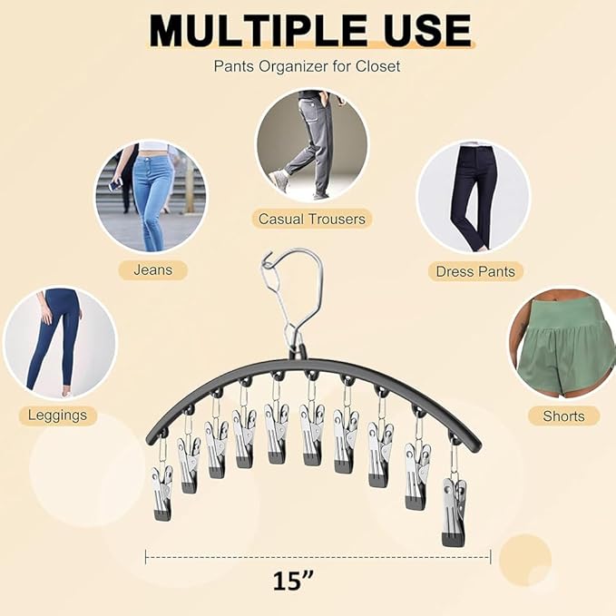 Legging Organizer for Closet,Upgrade Skirt Pants Hangers with Clips, Metal Yoga Pants Hangers 5 Pack w/10 Clips,Hangers Space Saving Closet Organizers w/Rubber Coated Closet Organizers(Black)