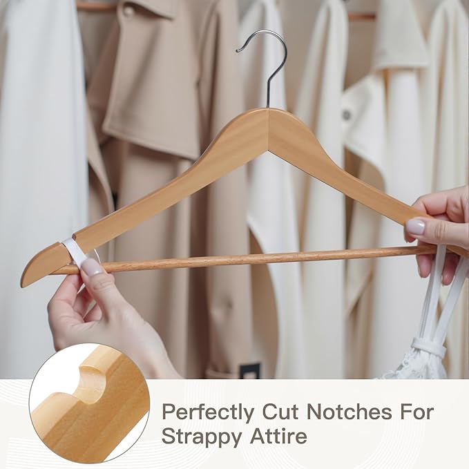 Wooden Hangers 30 Pack,Heavy Duty Solid Wooden Clothes Hangers with Pant Bar,360-Degree Rotatable Hook,Durable & Slim Wood Hangers for Coats,Jackets,Dress,Pants(Natural)