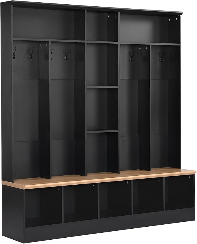 4-in-1 Wide Design Hall Tree with Storage Bench, Minimalist Shoe Cabinet with Cube Storage & Shelves, Multifunctional Coat Rack with 8 Hooks for Entryways Mudroom
