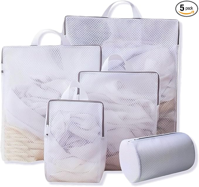 5-Size Mesh Laundry Bags with Handles for Delicates, Honeycomb Wash Bags for Bras/Sweaters/Bedding, Hidden Zipper Garment Protector